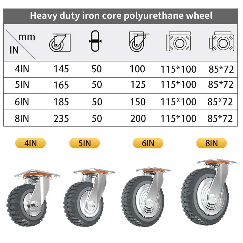 Wholesale  POLYURETHANE castor 4 Inch 5 Inch 6 Inch 8 Inch  Single Rubber Caster Wheel