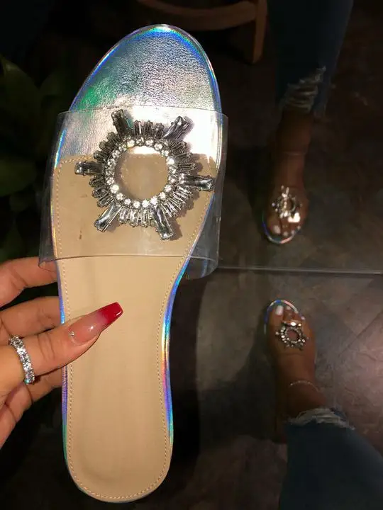 Оптовая продажа, популярная женская обувь, сандалии на плоской подошве со стразами, Тапочки