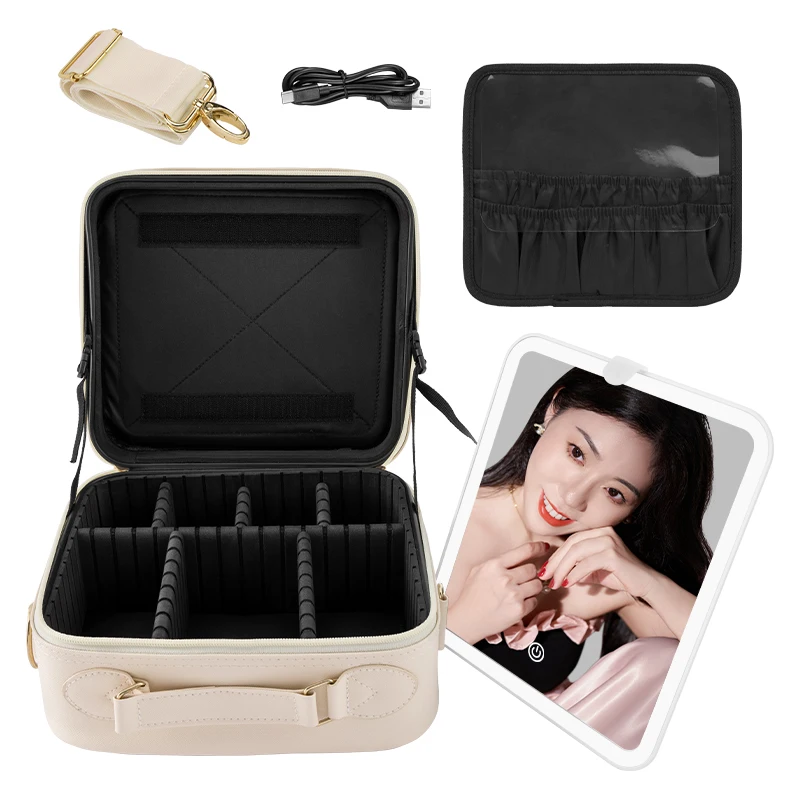 US Local Shipping White Convenient Hand-Held Travel Vanity Case Portable Led Mirror Compacts Makeup Case Cosmetic Brush Case