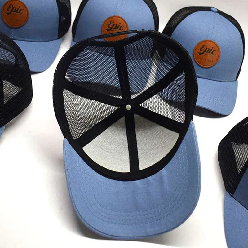 Hot Selling Brand Quality Custom Leather Patch Logo Pre Curved Brim Snap Back Gorras Mesh Baseball Sports Hat Trucker Caps