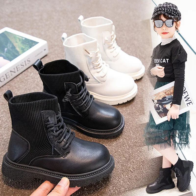 2021 New Fashion Trend Leather Girls Boots Lace-up Ankle Sock Autumn And Spring