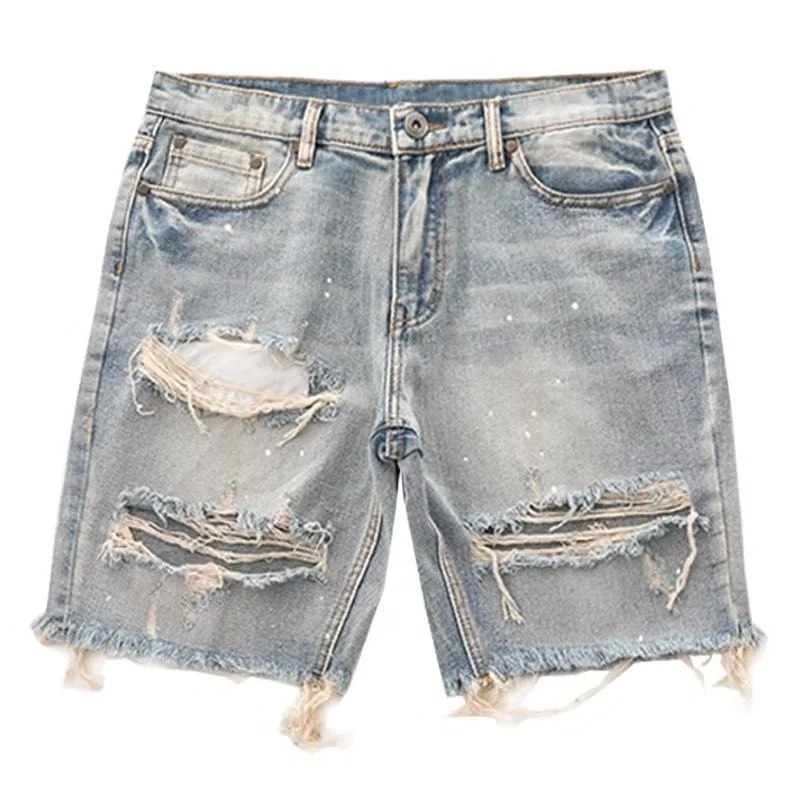 Popular Summer Slim Ripped Paint Indolent Hip Hop Washed Mens Jeans Short