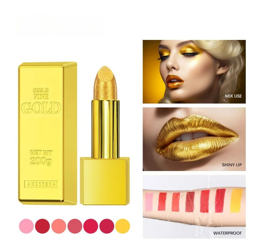 New Gold Fashion 7 Colors Cosmetics Lip Pretty Beauty Glitter Powder Lipstick