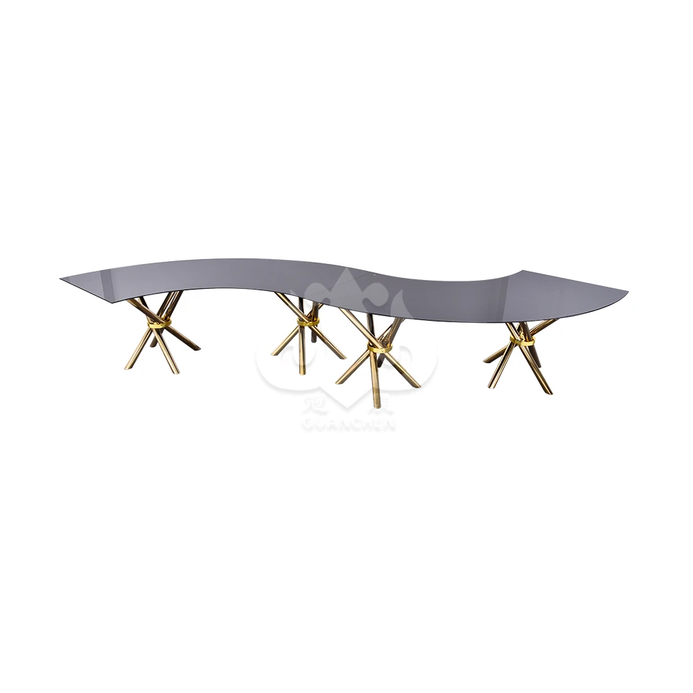 Light Luxury Black Glass Top With Stainless Steel Base Wedding Table Curved Design Serpentine Dining Table