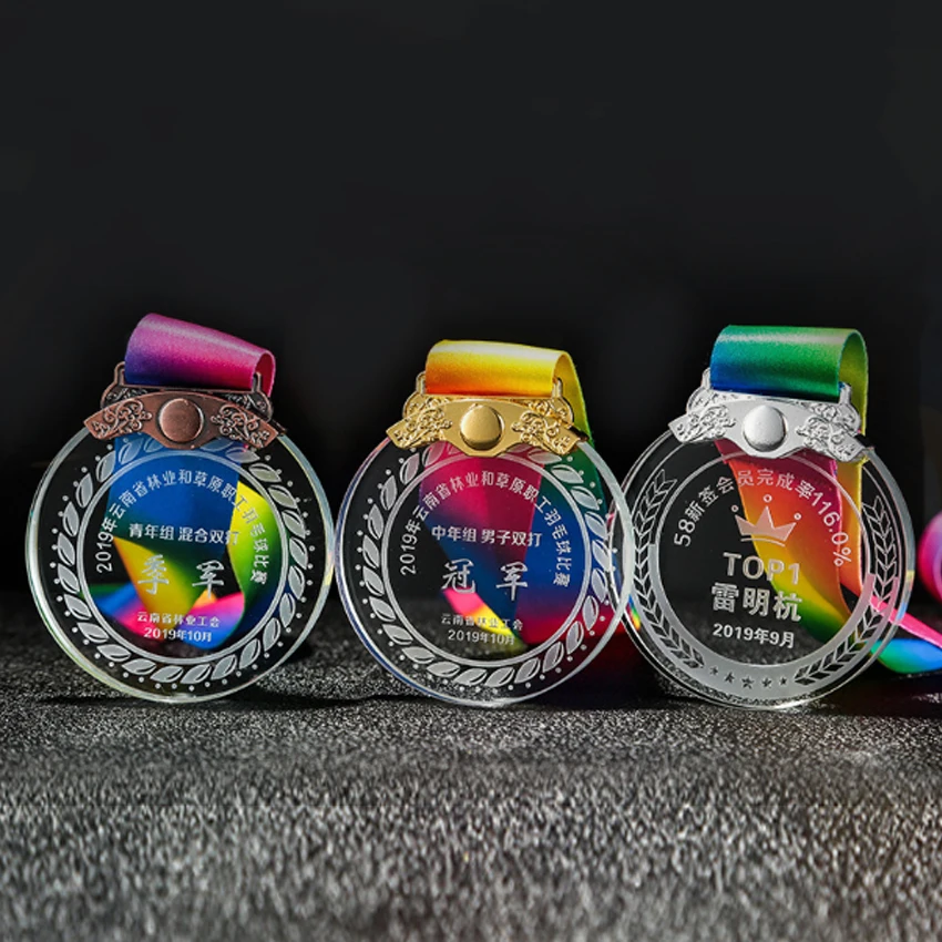 Customized Sublimation Quality Crystal Medal With Ribbon Glass Medals plaques Gold Sports Marathon Soccer Karate Acrylic Medal
