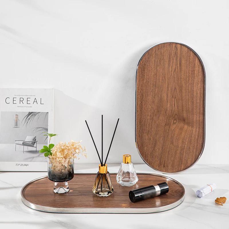 Hotel serving Tray customised light luxury 304 stainless steel round silver tray High-grade walnut wood hotel storage tray