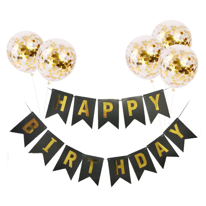 Children Adult Pull Flags Birthday Banner With Gold Black Confetti Balloon Decoration Set