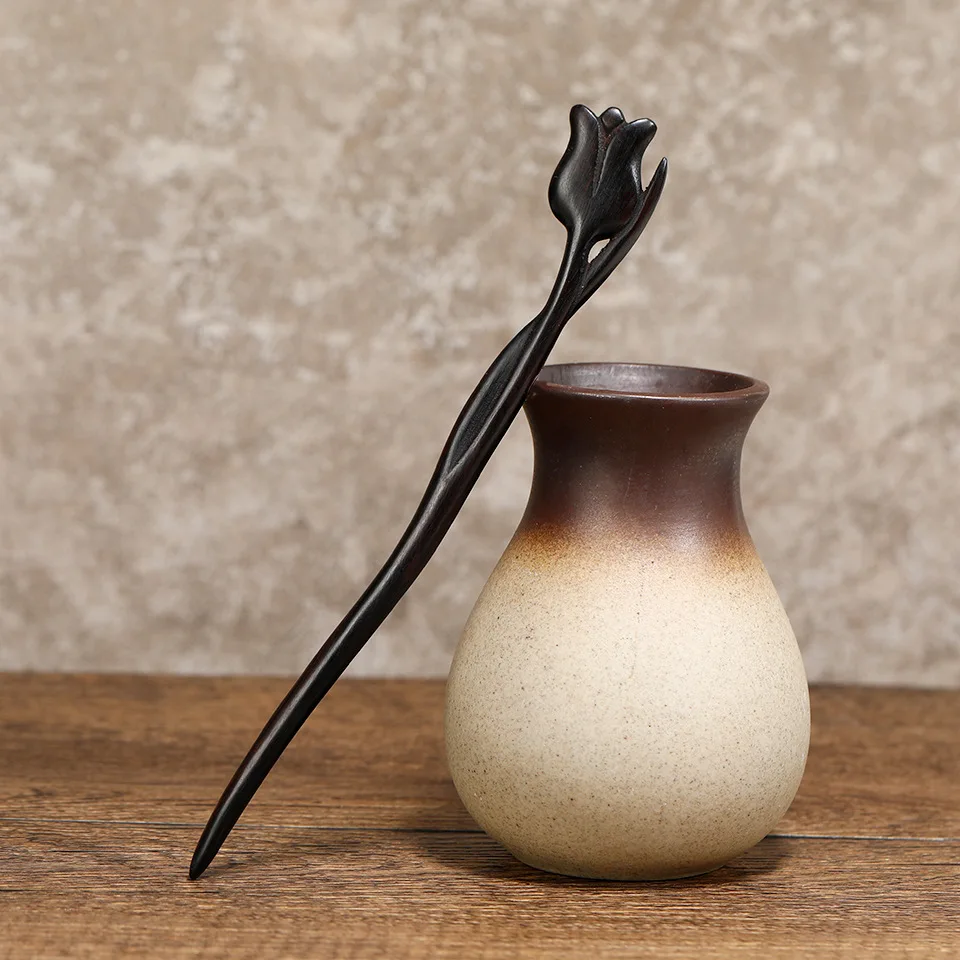 Vintage Retro Chinese Black Wooden Sandalwood Carved Long Horn Fork Pen Hairpin Wood Chopsticks Hair Sticks Pins Picks for Women