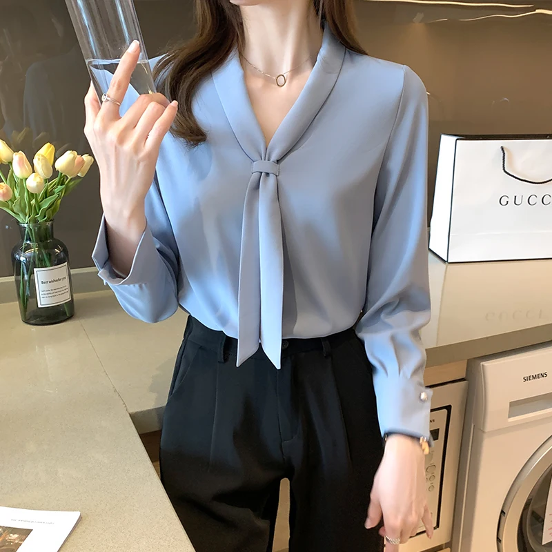 Long Sleeve Chiffon Blouse Shirt Women Blusas Mujer De Moda 2024 Bow V-Neck Office Lady Tops Women Blouses 8306#