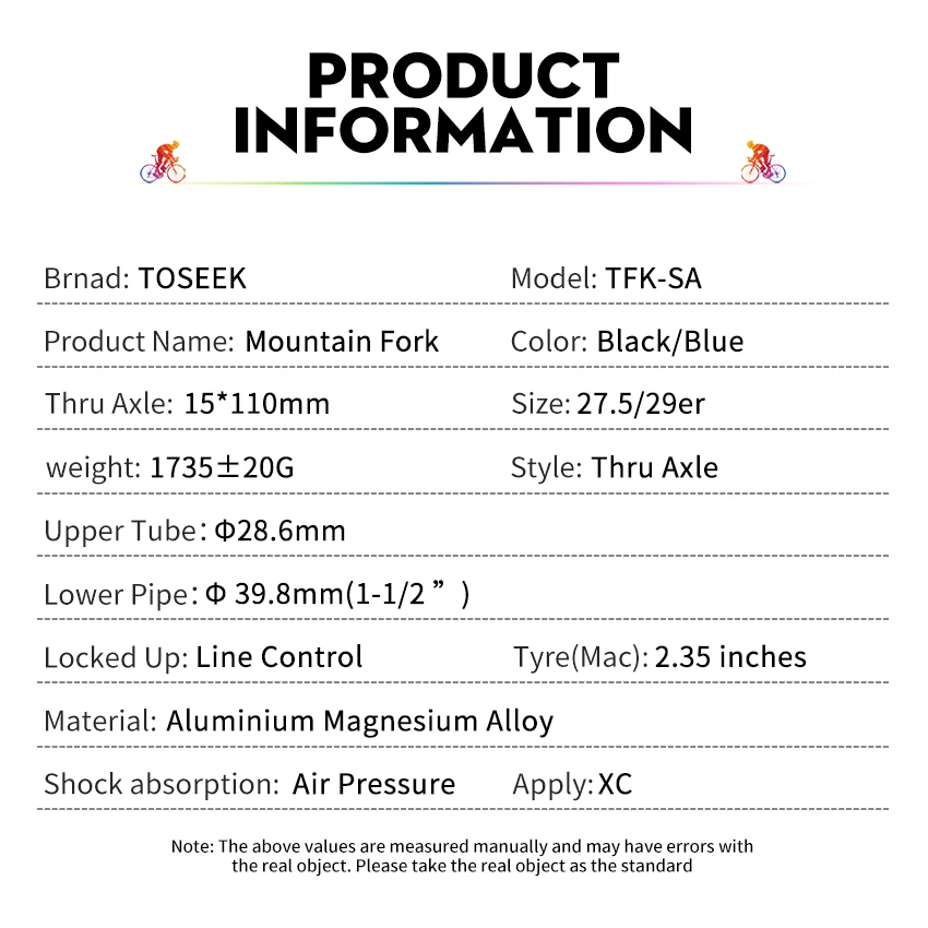 TOSEEK TFK-SA Aluminum Alloy MTB Bike Air Suspension Fork  29er Thru Axle 15*110mm Mountain Bicycle Fork