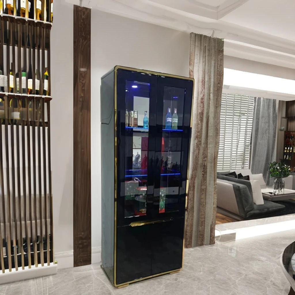 Elegant Modern Wine Cabinet Locker 1703 Lighting Piano Paint High Quality High Density Board Glass Wine Rack Black Display