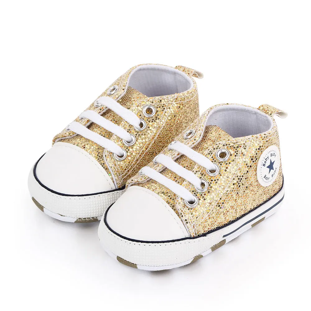 10pcs Stock Shoes Wholesale RTS Glitter Canvas Shoes First Walker Boy And Girl Crib Baby Shoes