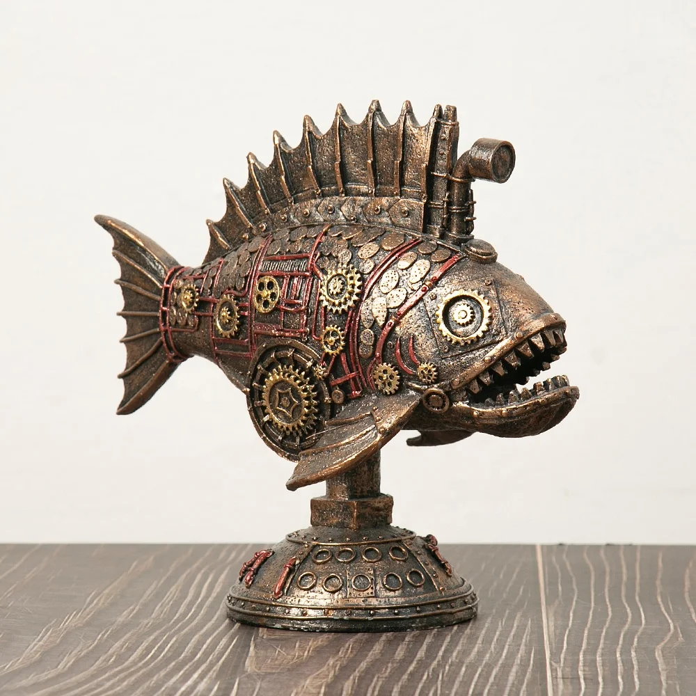 Steampunk Submarine Fish Lamp Piranha Figurine Fish Sculpture Melanocetus Vintage Statue Gift Idea