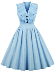 Big Size Beauties Maxi Clothes Women Ruffle Sleeveless V Neck Pink Party A Line Knee Length Midi Vintage Dress