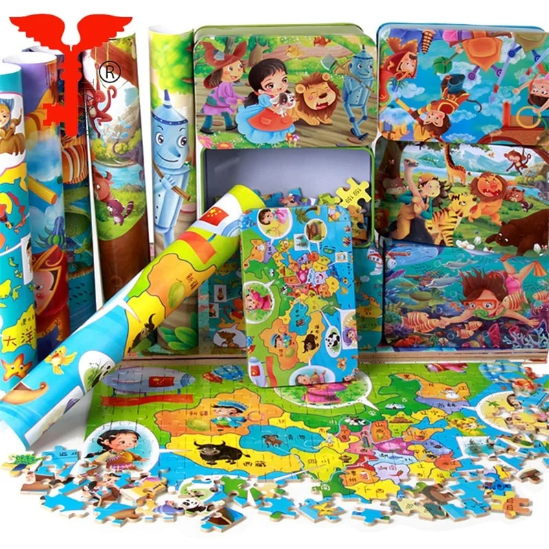 New Custom Wholesale Educational  Game Toy Children Animal  Cartoon Wooden Jigsaw Puzzle With Iron Box For Kids