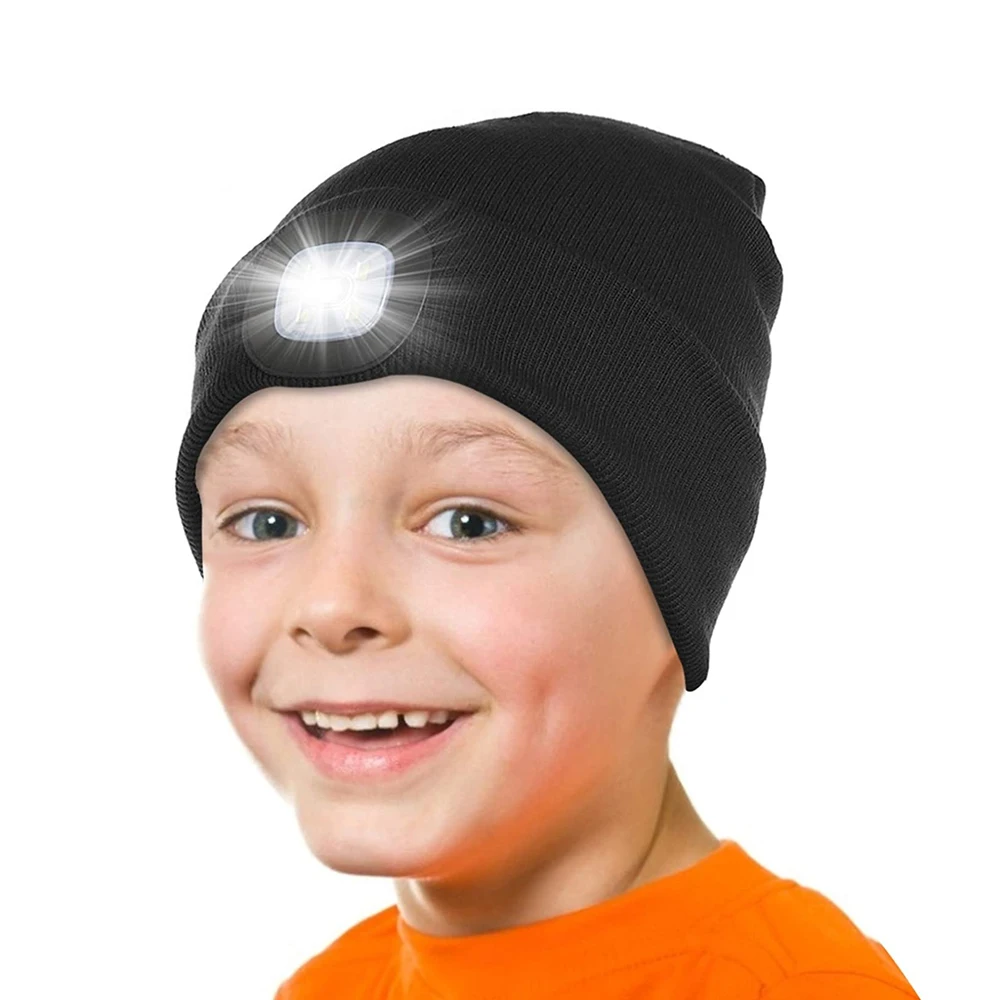 Unisex Warm Winter Bright Knit 4 LED Beanie Hat with Light Headlamp Torch Cap Winter Outdoor Running Gear Gift for Men and Women