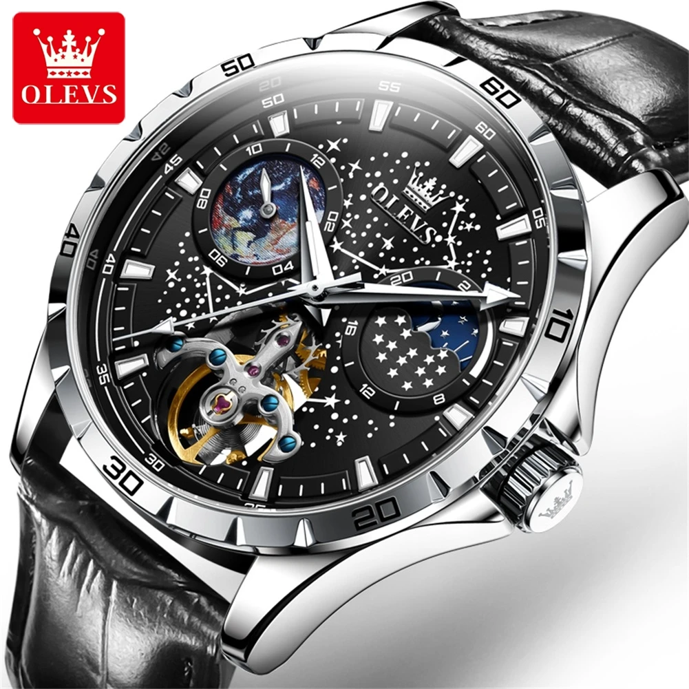 Olevs 6689 Classic Mens Automatic Watch Tourbillion Movement Fashion Leather Steel Strip Sport Mechanical Watches