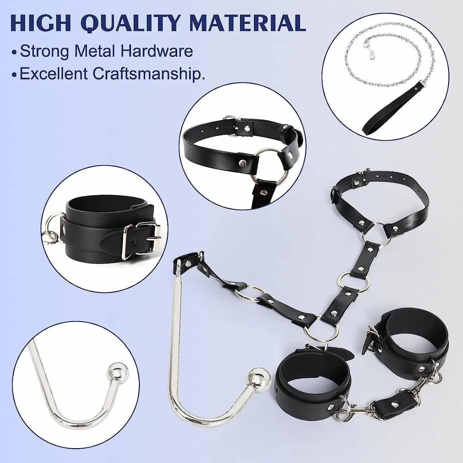 Sex Bondage BDSM Anal Hook with Traction Chain Butt Plug Adjustable Handcuffs Neck Collar Wrist Cuffs Fetish SM Sex Toys