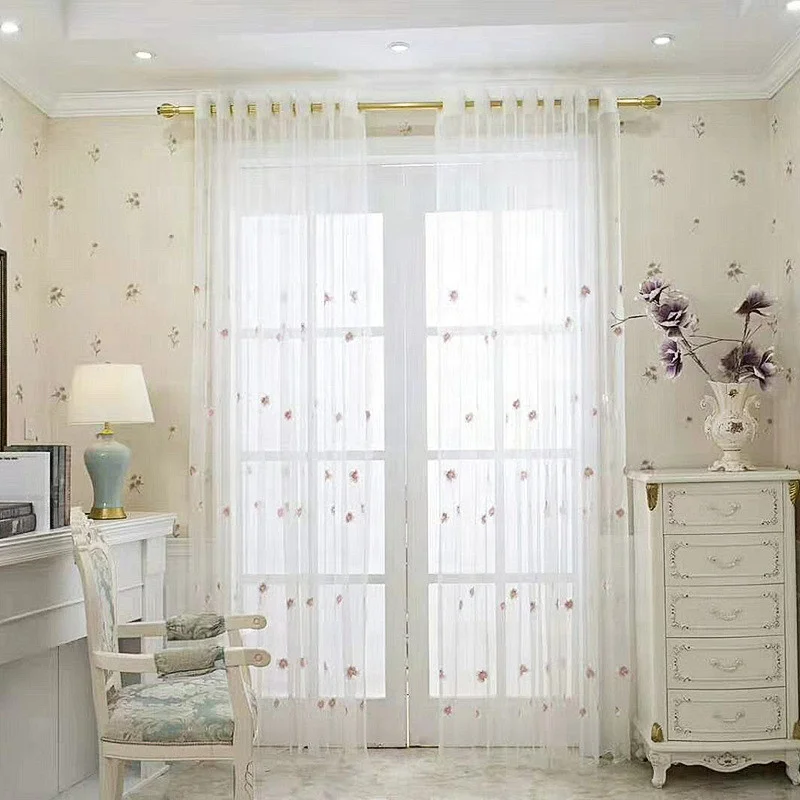 White Sheer Voile Window Flower Sheer Embroidered Curtain Fabric Embroidered Kitchen Curtain