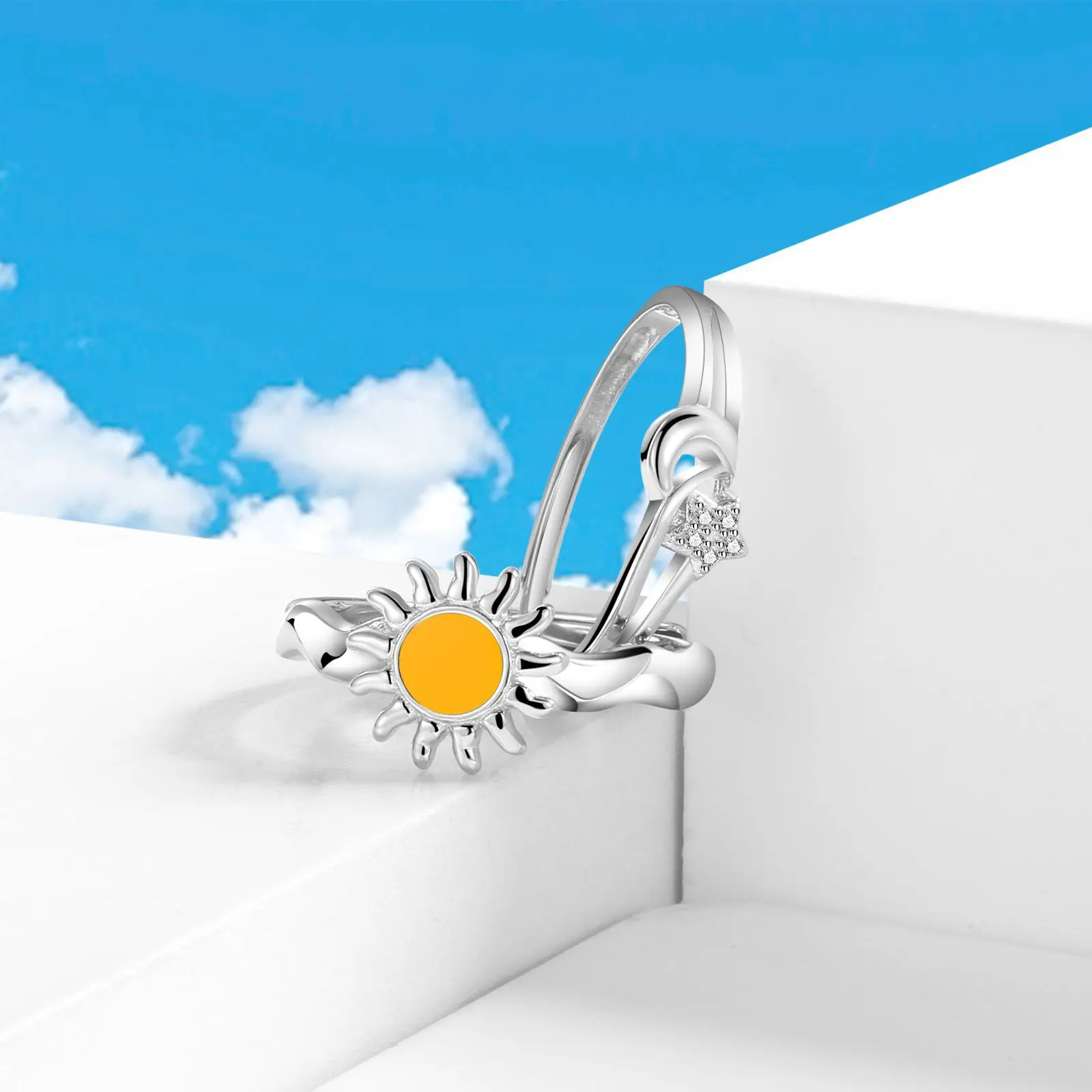 Sun Moon and Stars Couple Open Ring Pair 925 Sterling Silver Light Luxury INS Pair Ring Perfect Gift for Girlfriend