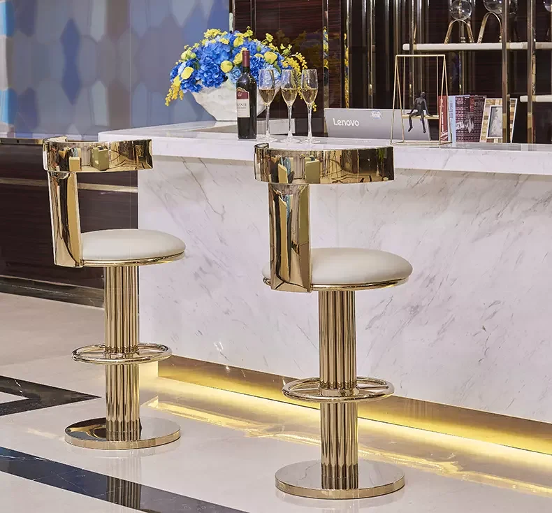 Hot Selling Gold Stainless Steel Frame Bar stool PU Leather Upholstered with Footrest for Dining in Hotels Cafes Shops