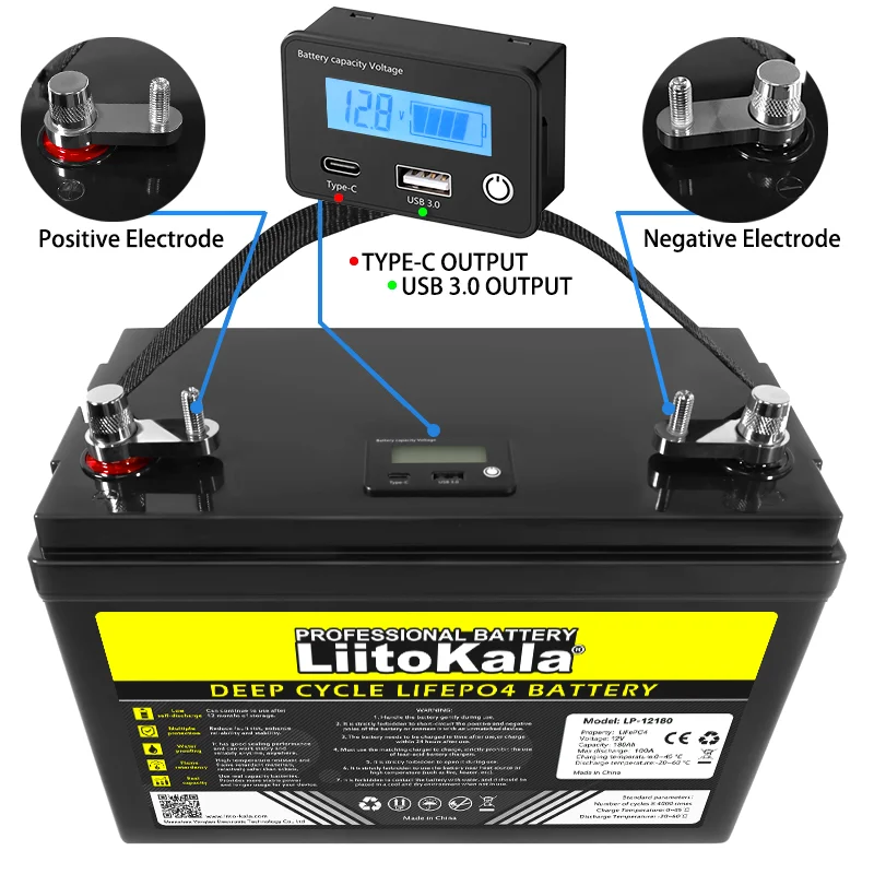 LiitoKala lifepo4 battery 12V 180Ah copper terminal connected LCD display with USB and Type-c can charge mobile devices