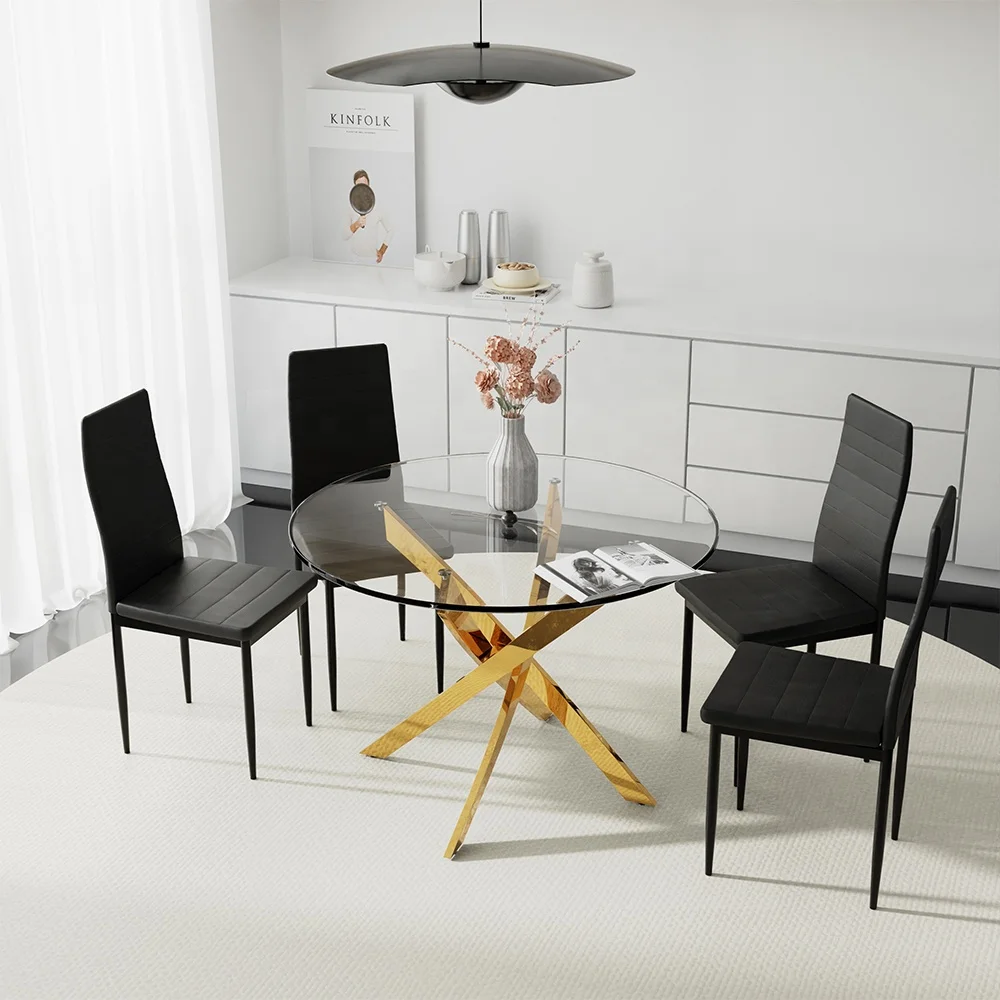 Home furniture modern chrome legs tempered transparent round glass dining table