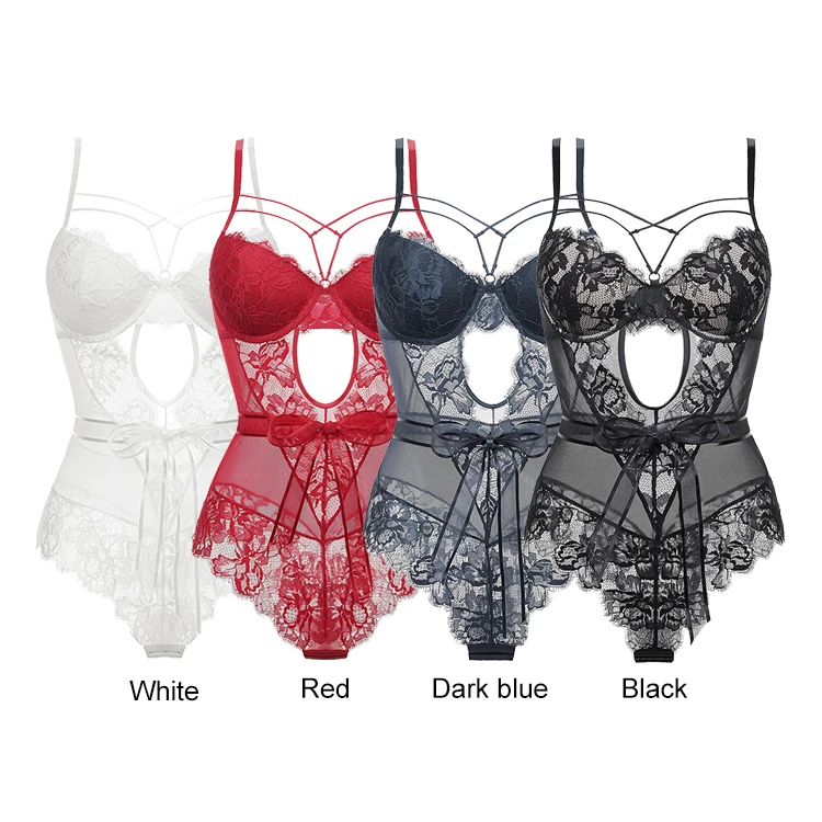 MISSADOLA High Quality Hollow Out Bow Transparent Lace Lingerie Sexy, One-piece Tight Bodysuit Sexy Lingerie Lace For Women