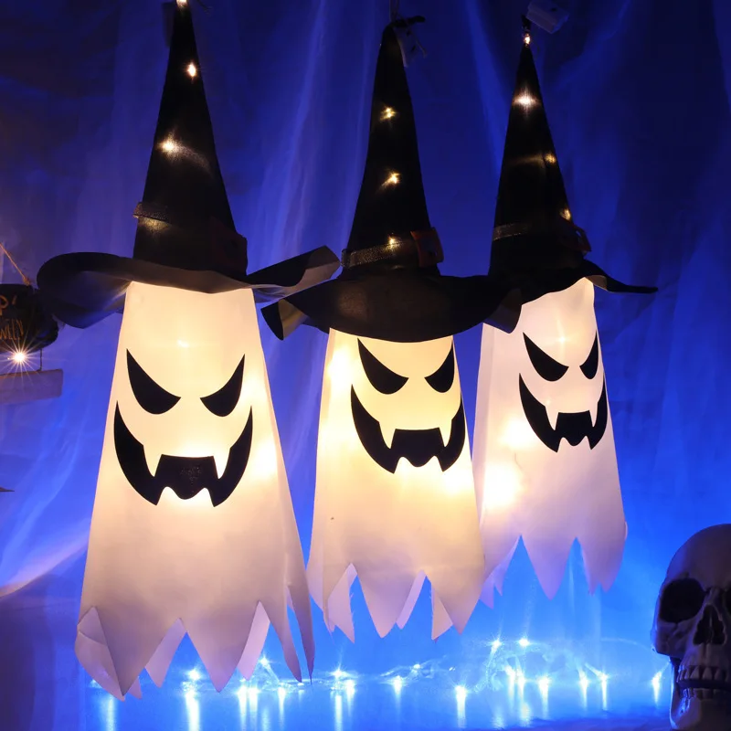 Creative Halloween LED Lights Scary Atmosphere with Haunted House Scene Features Ghost Wizard Hat