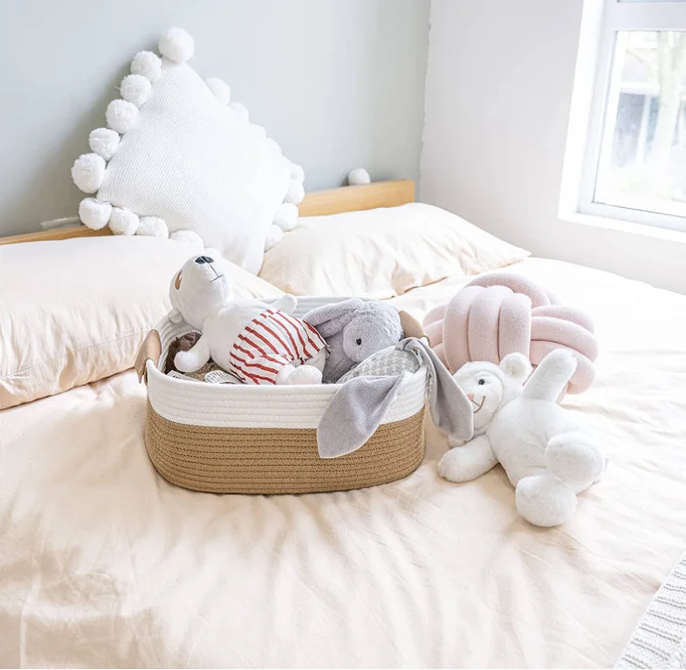 Rectangle Cotton Rope Woven Basket with Handles for Books Magazines Toys - Decorative Rectangle Basket for Baby Nursery