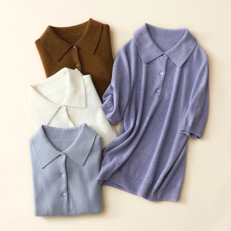 2022 new women pure cashmere polo sweater fashion short sleeve knit tops cashmere t shirt