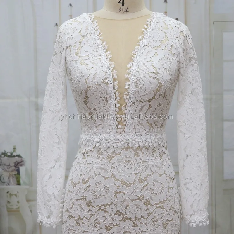 
Small beach over lace with nude lining fish style long sleeves wedding dress factory 