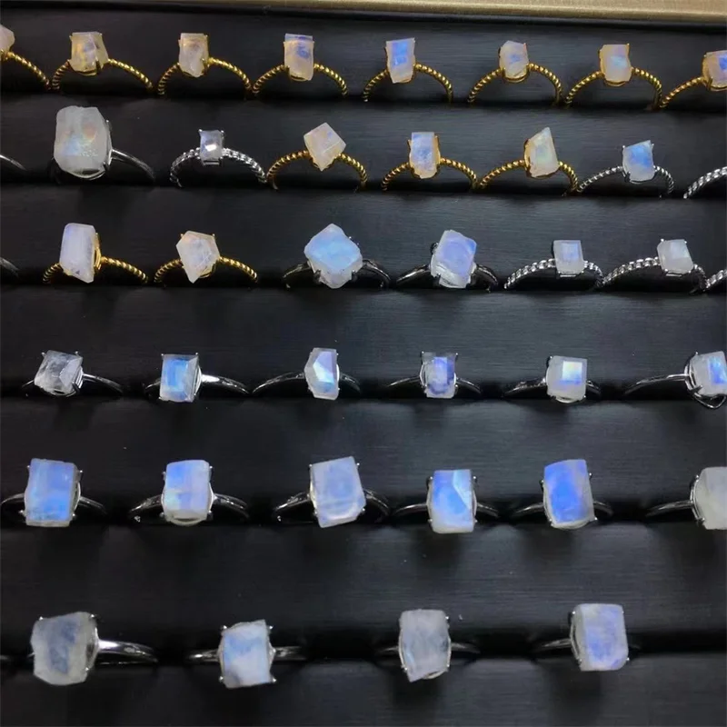 Natural crystal jewelry loose gemstone healing blue moonstone rings for gifts