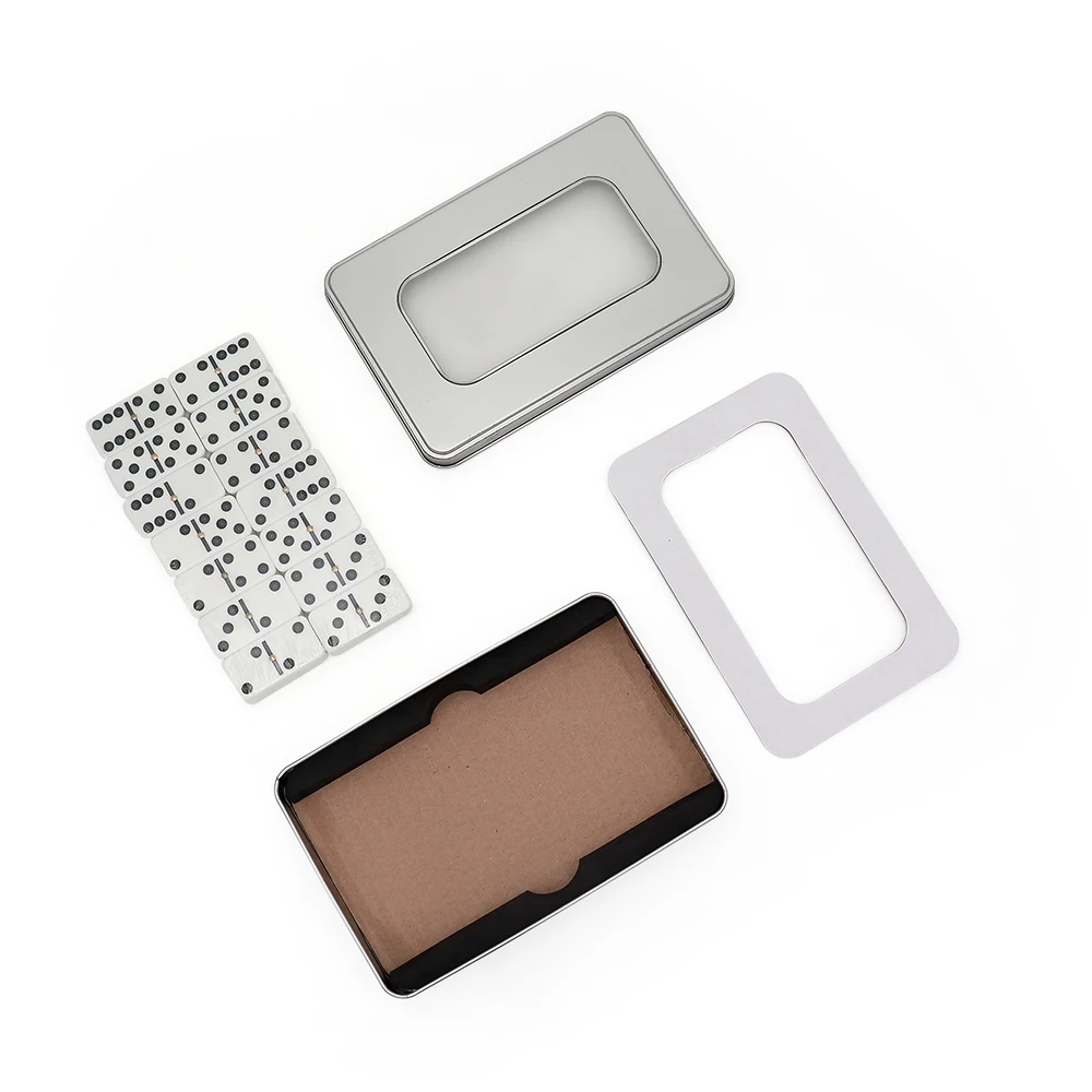 Personalized customized double 6 dominoes black dot with clear window tin box transparent plastic lid for board game