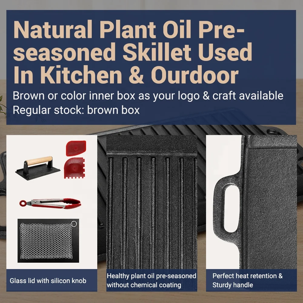 Cookercool Factory Stock Outdoor Cast Iron Pre seasoned Non stick Double Side Grill Griddle Pan