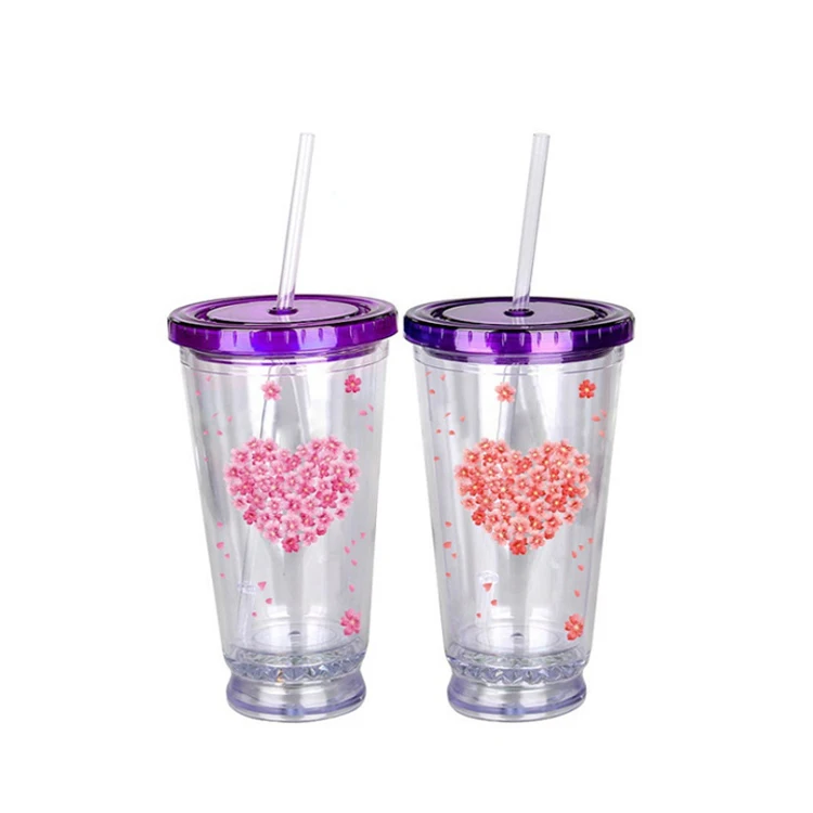 High Quality 16oz Led Light up Double Wall Plastic reusable cups with lids and straws led tumbler cups in bulk