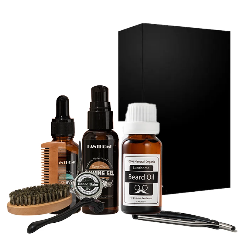 Private label Organic Beard Growth Oil Balm Gel Kit And Beard Roller Beard Growth Kit For Men Grooming Care Set