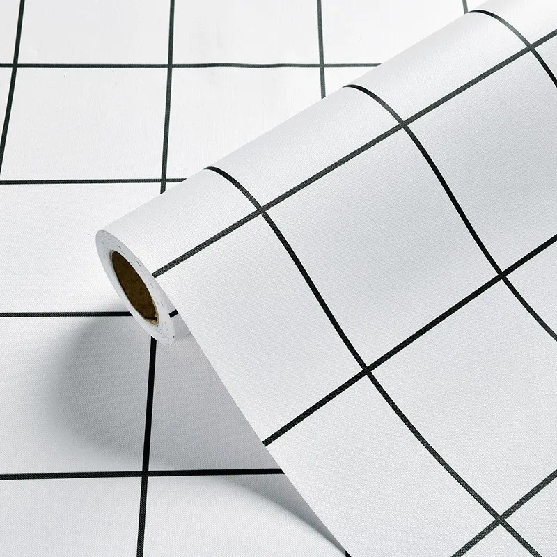 Simple pattern white grid wall paper sticker adhesive waterproof pvc black wallpaper for hotel house living room deco