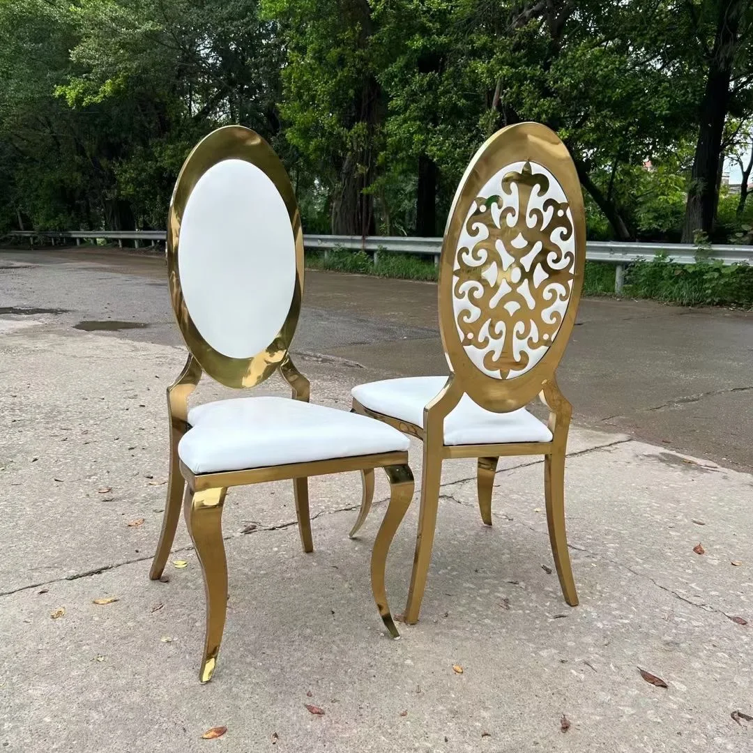 Round Back Stainless Steel Hotel Banquet Event Wedding Chair Hot Selling Gold Stackable Design PU Leather Velvet