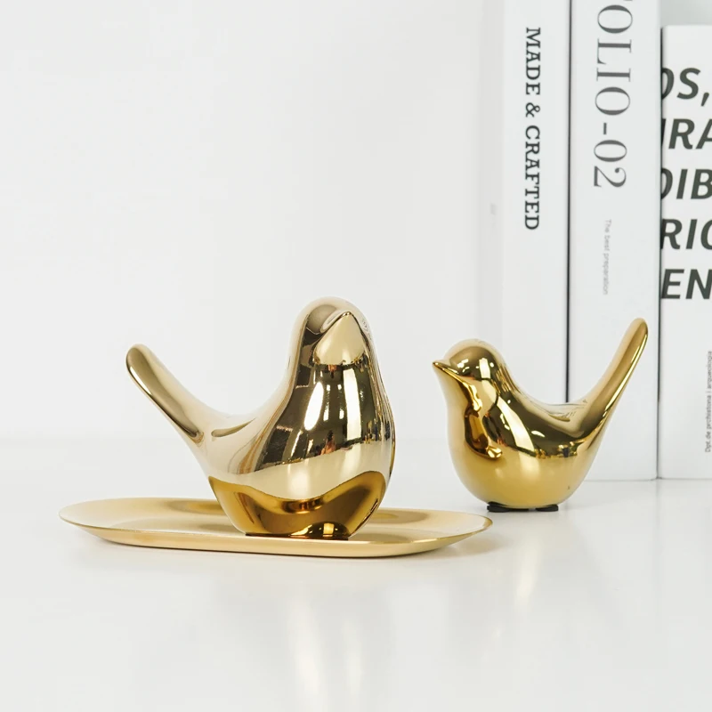 Simple modern ceramic animal gold crafts  bird Figurines ornaments home study living room office creative decorations