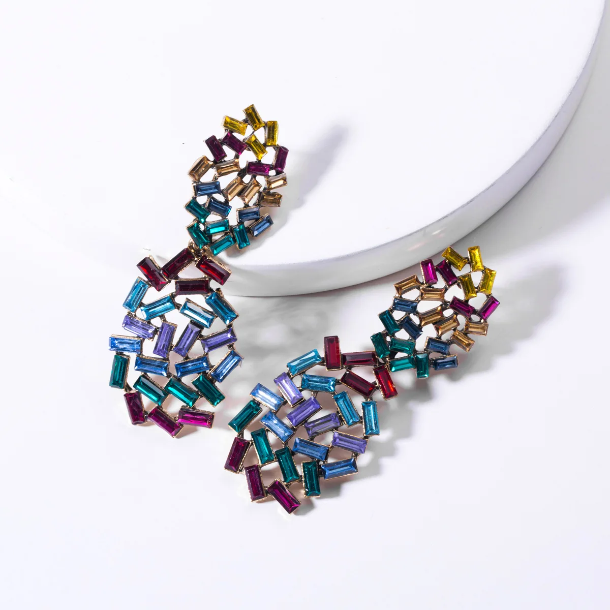 Personality Statement Irregular Oval Glass Drill Earrings Fashion Women Hollow Square Rainbow Crystal Earrings