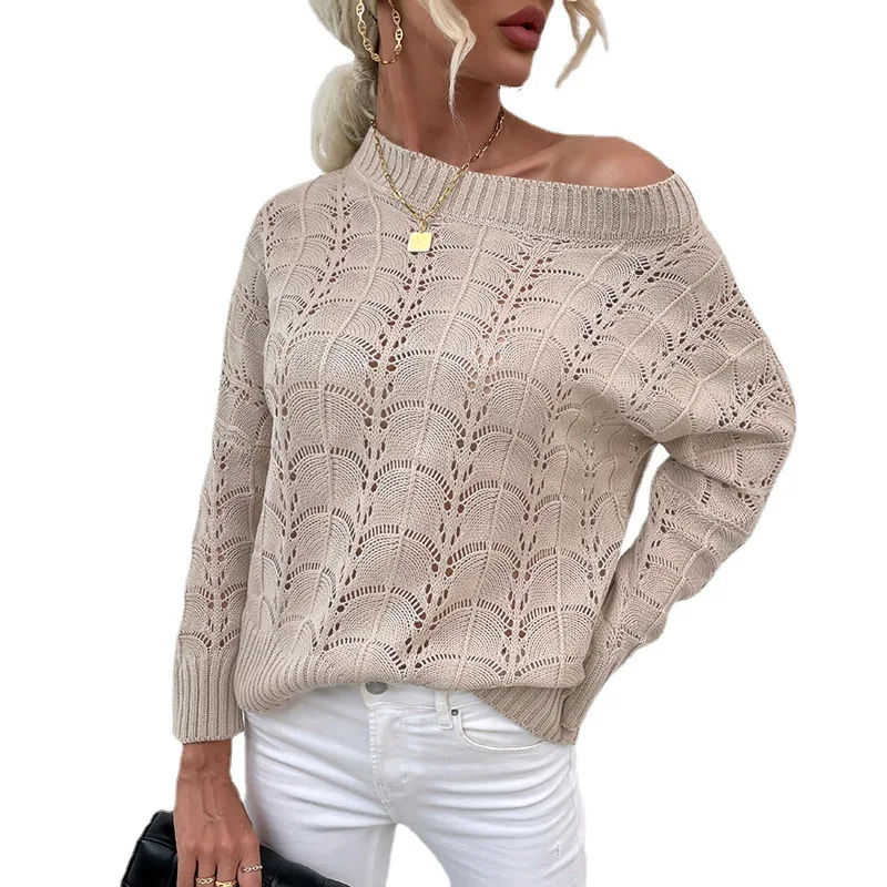 Hollow out knitted pattern crew neck blank oversize knit pull over sweater women