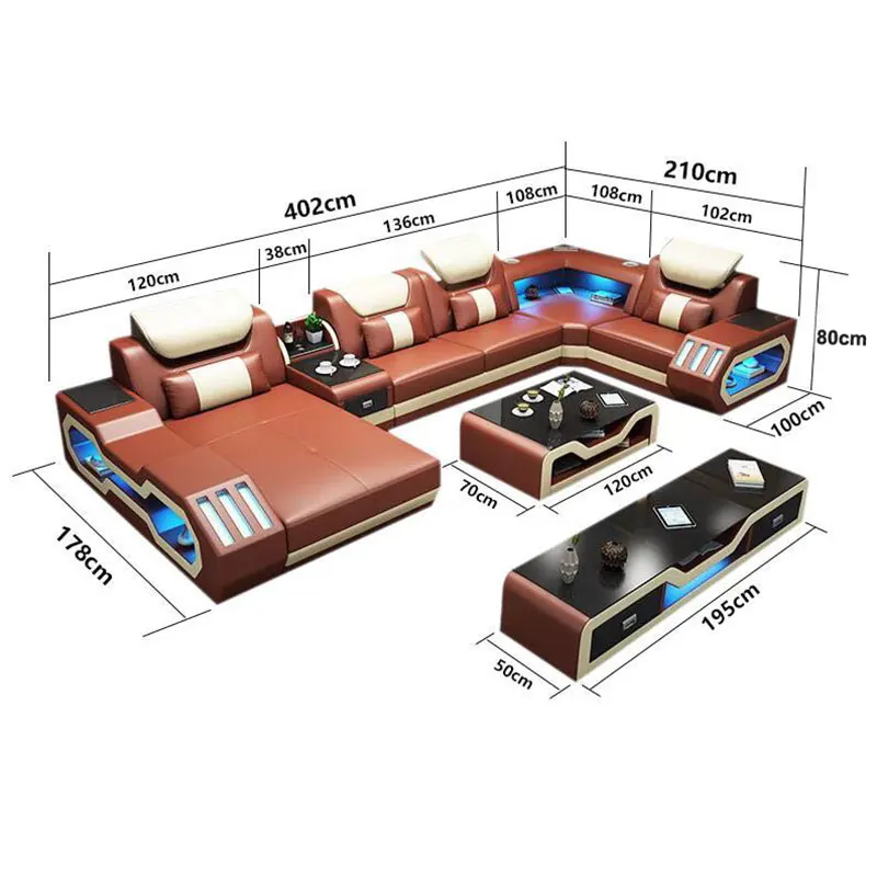  Modern Design U shaped sectional sofas Luxury leather Couch living room sofa set