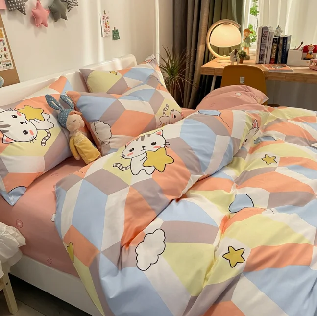 HG Low Price 4 Pieces Printed Comforter Flat Bed Sheet Queen King Size Bilateral Skirt Bedsheets Bedding Sets