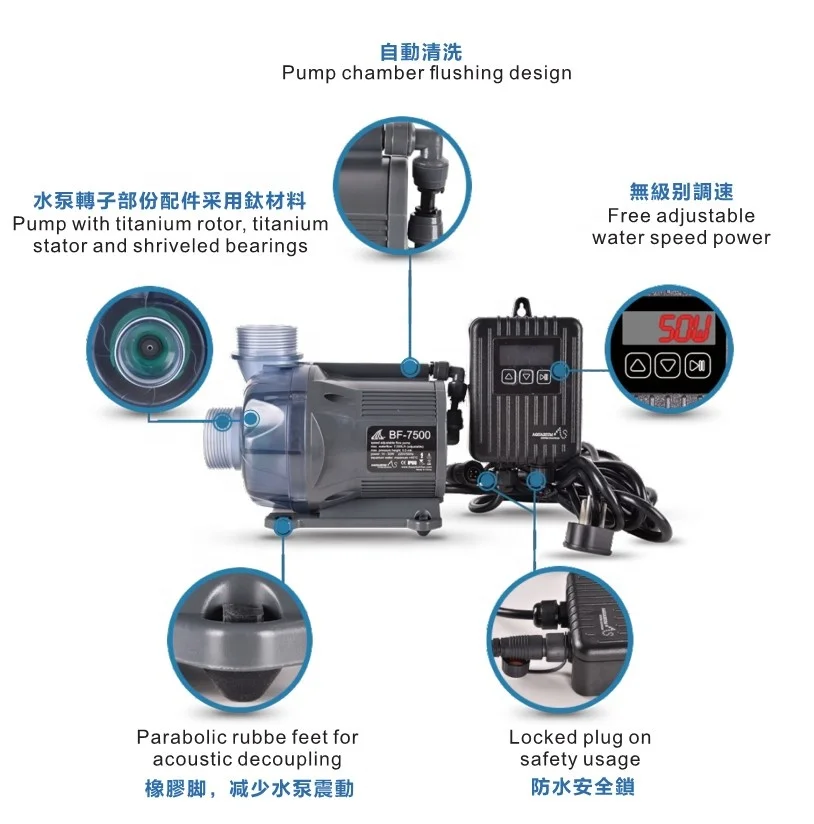 Water Pump BF-11000 A.S. Blue Fin Pump Ceramic Shaft with Pump Chamber Self-cleaning Design High-efficiency Super Silent