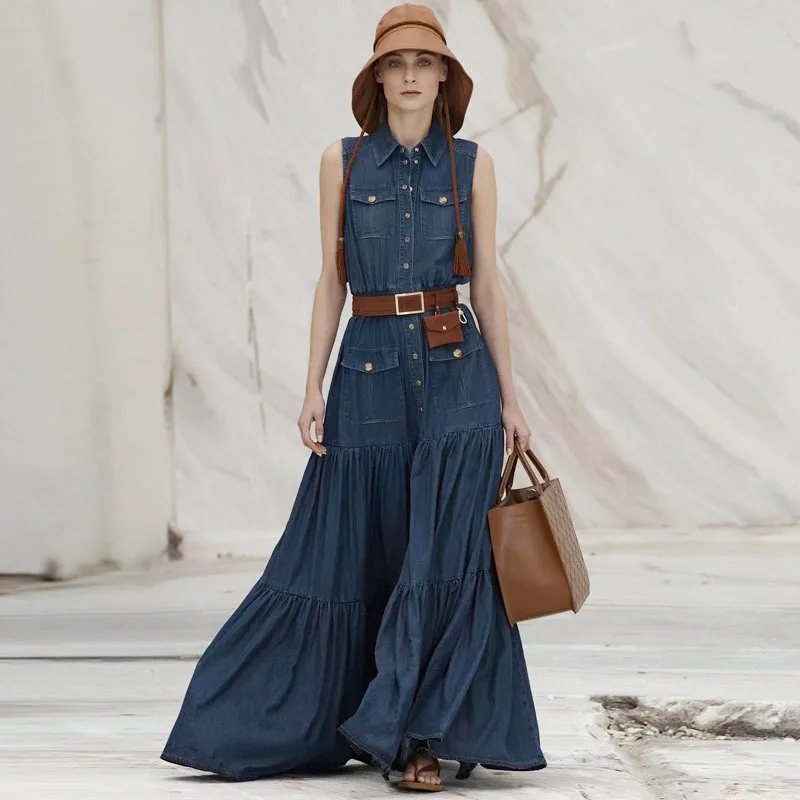 Summer Holiday Clothing Casual Sleeveless Ladies Jeans Dresses Patch Pockets Turn Down Collar Long Denim Maxi Dress