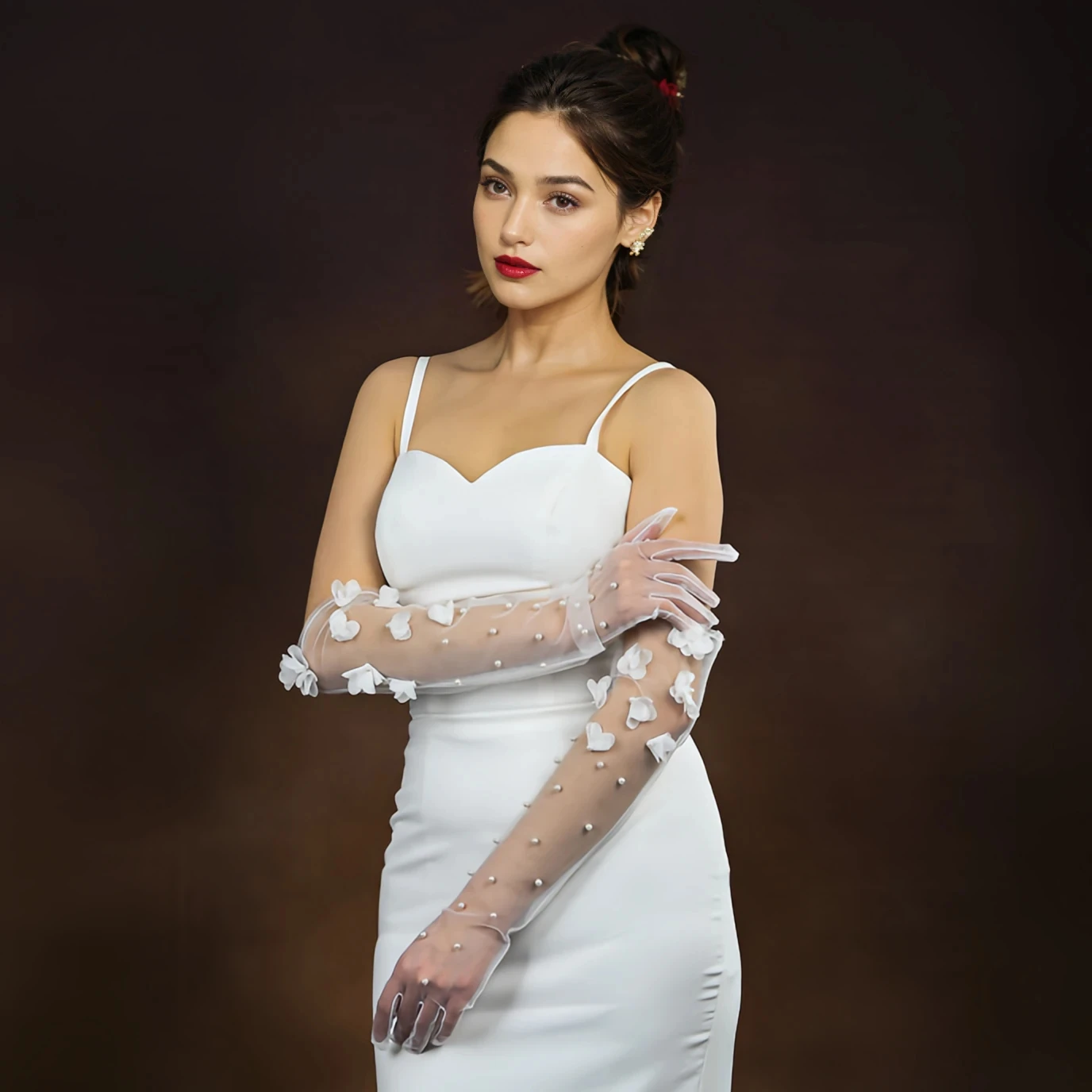 LUOXIN Elegant Women Bachelorette Party Pearls Beaded Elbow Covers Arms Sleeves Long Bride Gloves