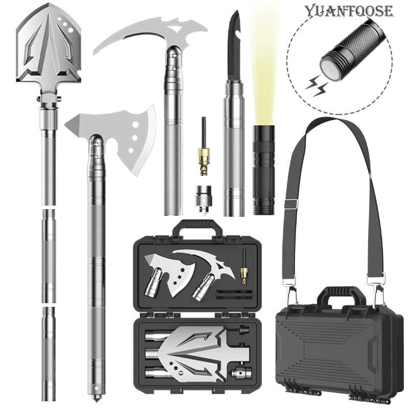 Adjustable Survival Shovel Axe Combos Kit Multitool Camping Tool Axe Shovel Tool Box For Outdoor Adventure