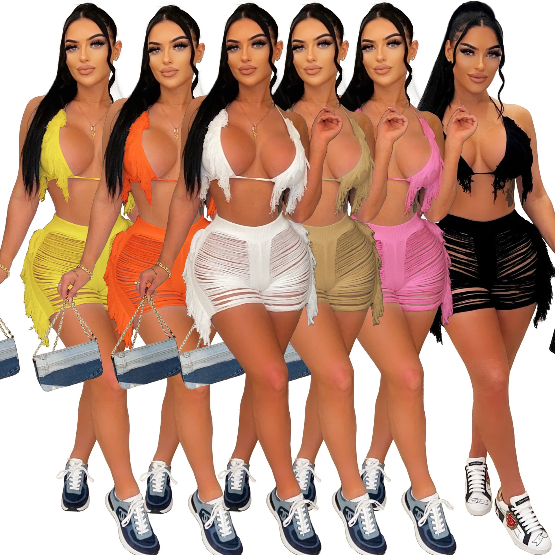 2023 Wholesale Soild Candy Color Tassel Hollow Out Sexy Two Piece Set Strap High Waist Knitted Bikini Set