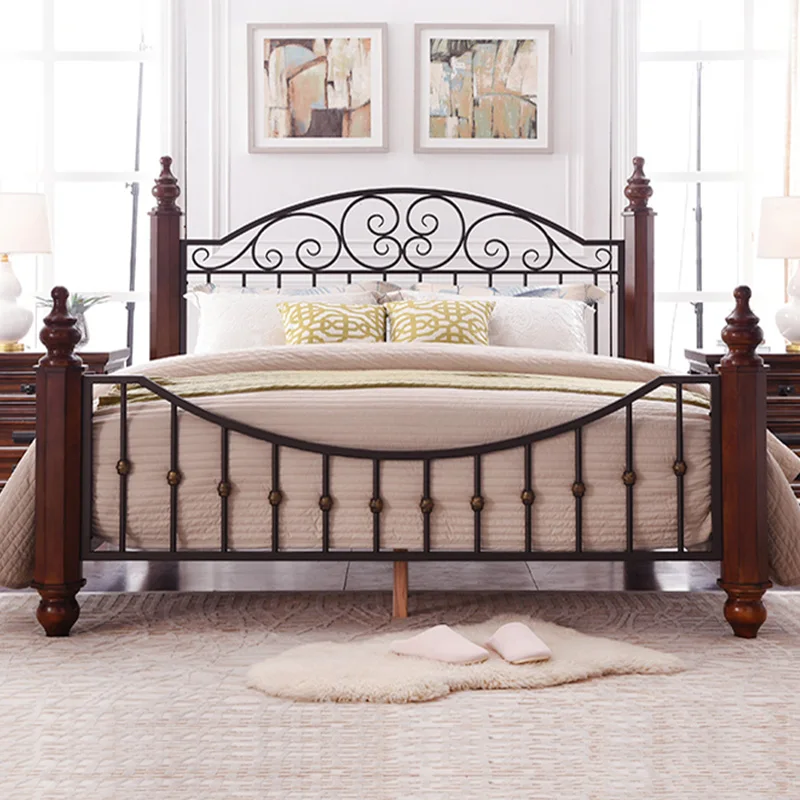 Factory outlet iron carved solid wood bed American style metal bed with solid wood frame king size full size bed